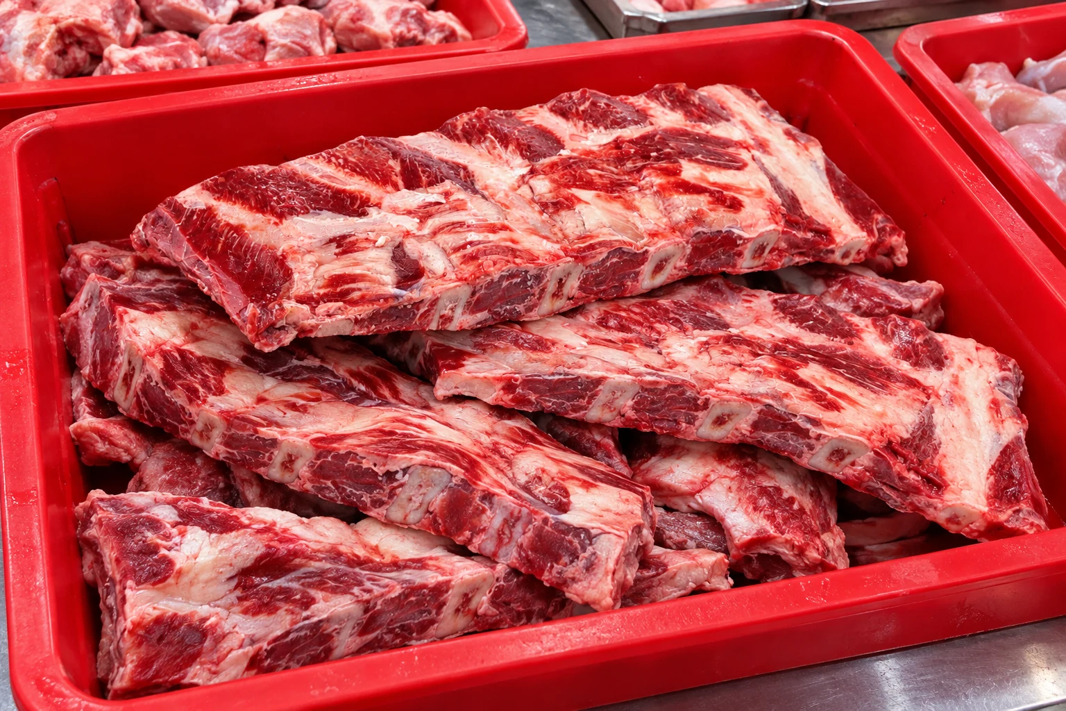 AI illustration of meaty beef rib sections in a red wet-market stall tray