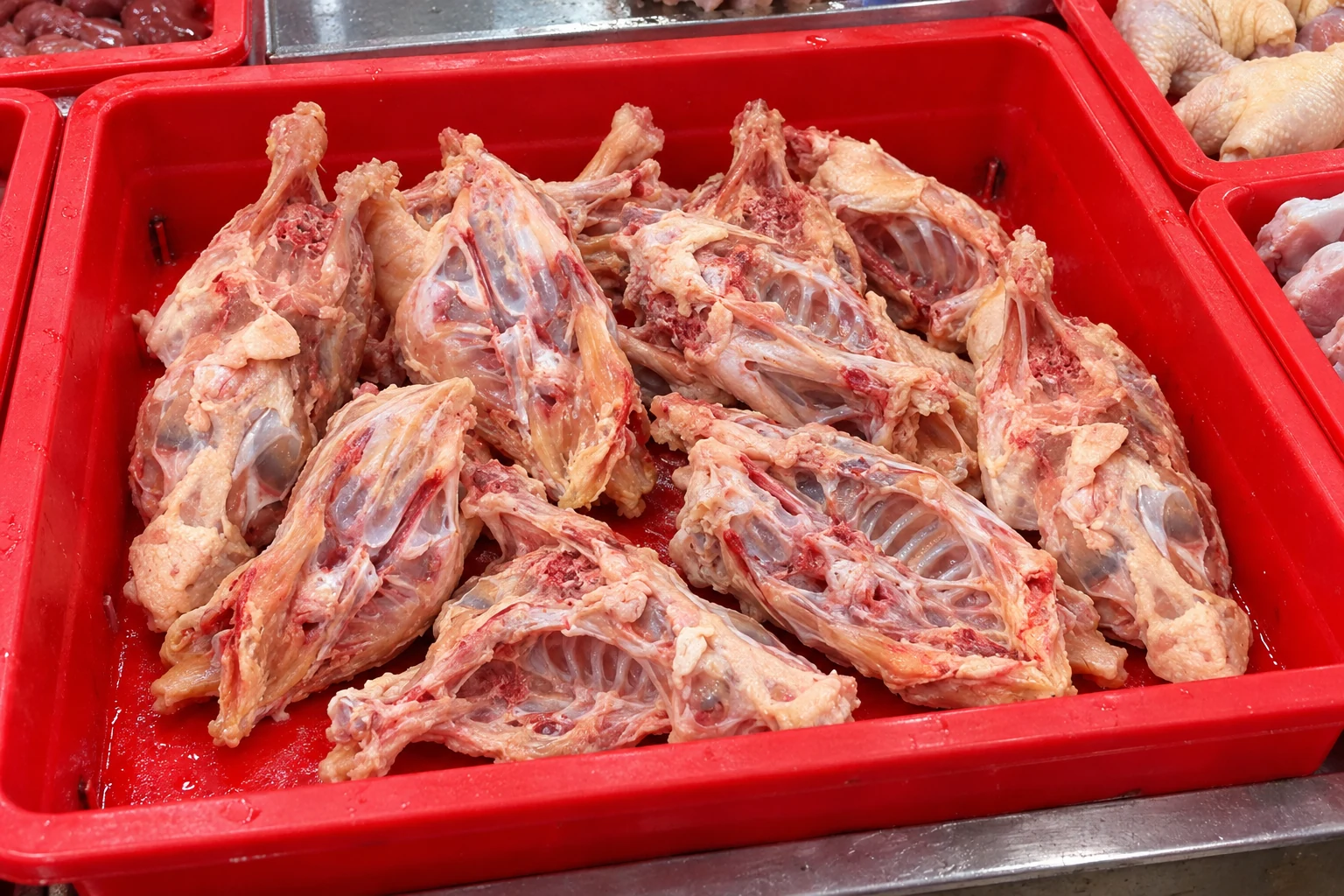 AI illustration of chicken carcass frames with exposed ribs in a red wet-market stall tray