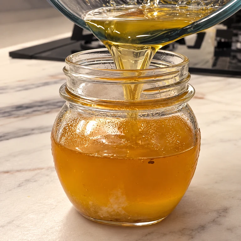 Kelly’s golden chicken fat oil poured into a glass jar