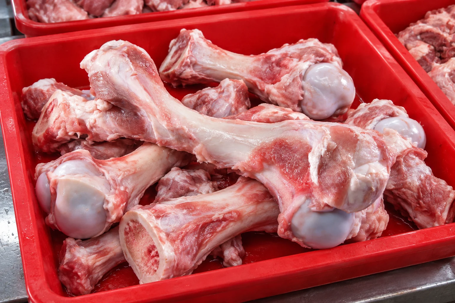 AI illustration of large pork leg bones, 大骨, in a red wet-market stall tray