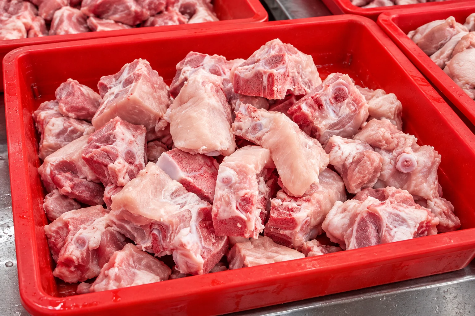 AI illustration of chopped pork soup bones in a red wet-market stall tray